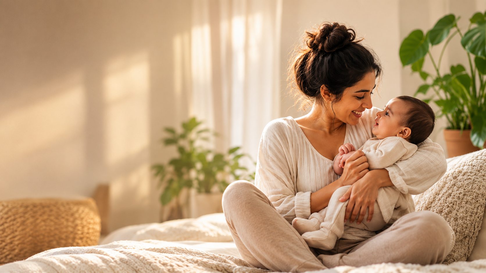 A mother holding her baby in warm morning light